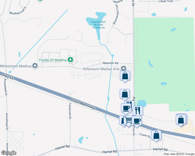map of restaurants, bars, coffee shops, grocery stores, and more near 1182 Highway 55 in Medina