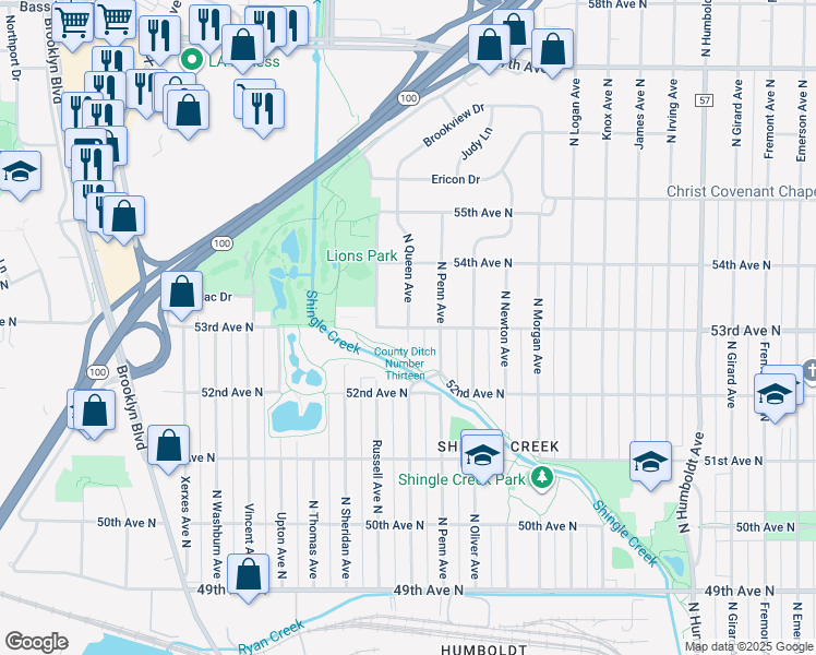 map of restaurants, bars, coffee shops, grocery stores, and more near 53rd Ave N & Queen Ave N in Minneapolis