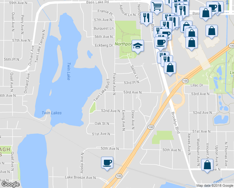 map of restaurants, bars, coffee shops, grocery stores, and more near 5248 France Avenue North in Minneapolis