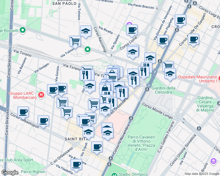 map of restaurants, bars, coffee shops, grocery stores, and more near 20 Via Elba in Torino