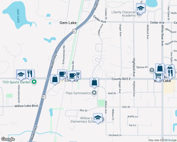 map of restaurants, bars, coffee shops, grocery stores, and more near 1711 County Road E E in White Bear Lake