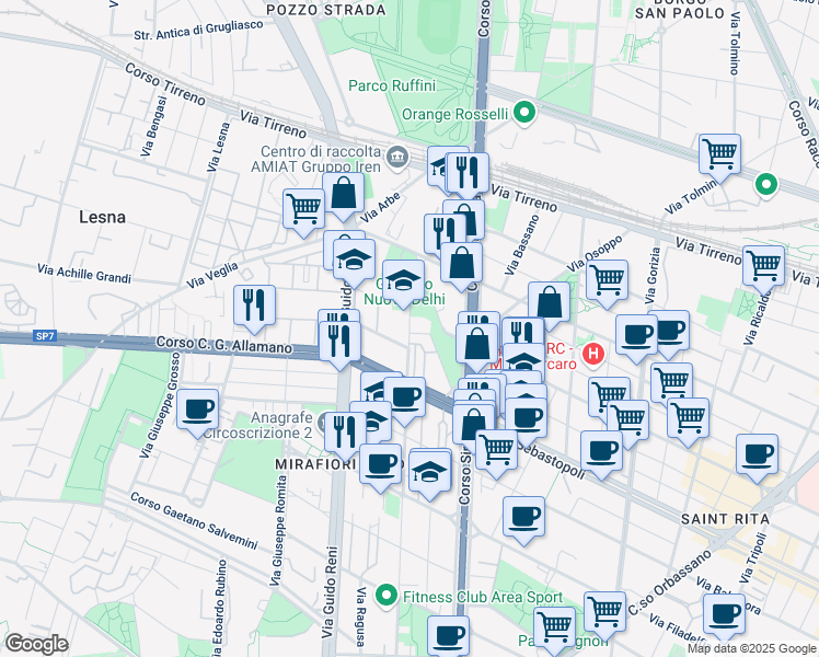 map of restaurants, bars, coffee shops, grocery stores, and more near 22 Via Castelgomberto in Torino