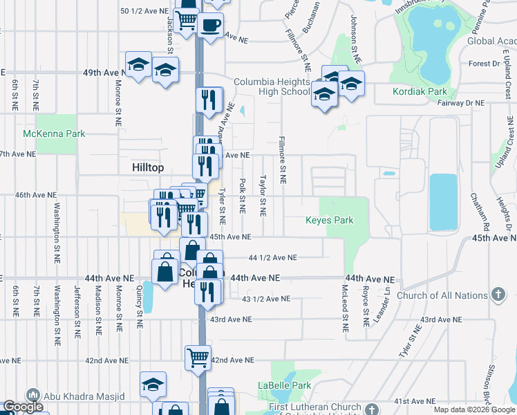 map of restaurants, bars, coffee shops, grocery stores, and more near 4531 Polk Street Northeast in Minneapolis