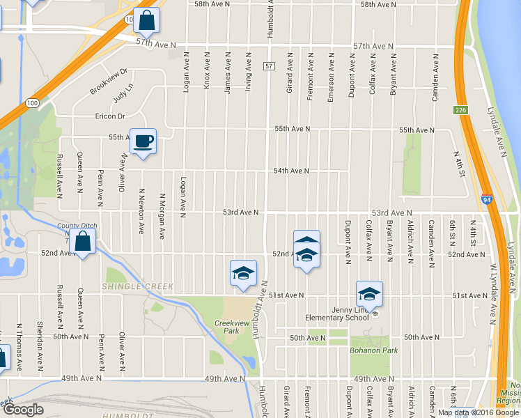 map of restaurants, bars, coffee shops, grocery stores, and more near 5254 North Irving Avenue in Minneapolis