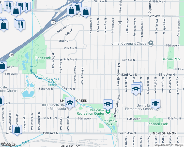 map of restaurants, bars, coffee shops, grocery stores, and more near 5259 North Logan Avenue in Minneapolis