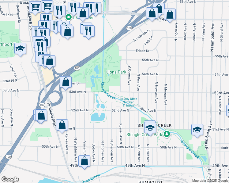 map of restaurants, bars, coffee shops, grocery stores, and more near 2317 53rd Avenue North in Minneapolis