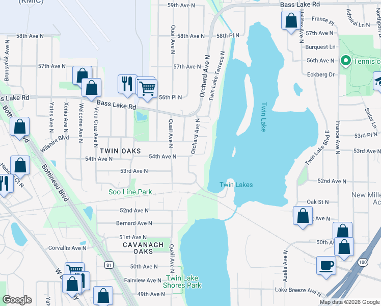 map of restaurants, bars, coffee shops, grocery stores, and more near 5402 Twin Lake Terrace North in Minneapolis