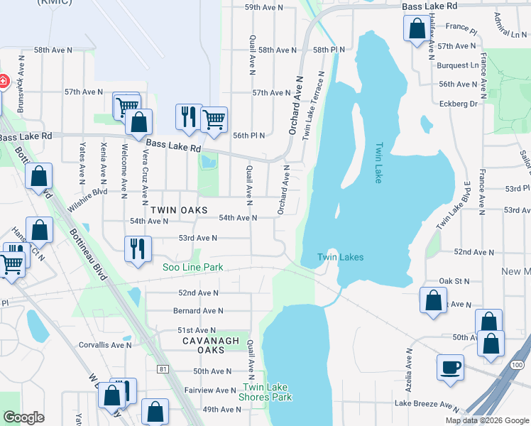 map of restaurants, bars, coffee shops, grocery stores, and more near 4933 54th Avenue North in Minneapolis