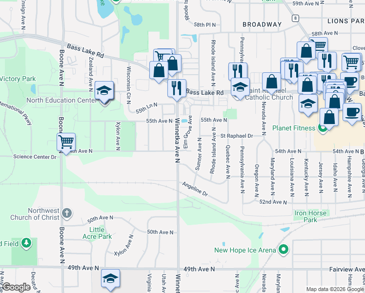 map of restaurants, bars, coffee shops, grocery stores, and more near 7803 Elm Grove Avenue in Minneapolis