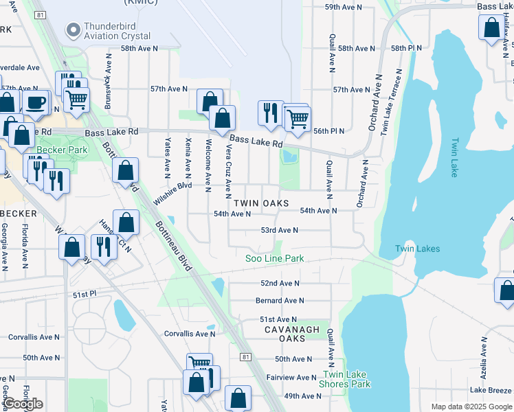 map of restaurants, bars, coffee shops, grocery stores, and more near 5400 Toledo Avenue North in Minneapolis