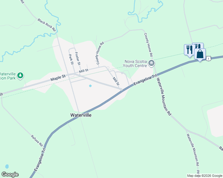 map of restaurants, bars, coffee shops, grocery stores, and more near 1224 Maple Street in Waterville