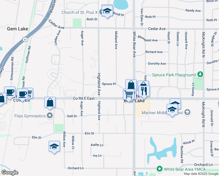 map of restaurants, bars, coffee shops, grocery stores, and more near 1925 County Road E East in Saint Paul