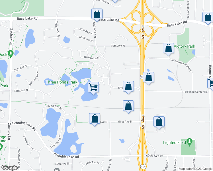map of restaurants, bars, coffee shops, grocery stores, and more near 5305 Orleans Lane North in Plymouth