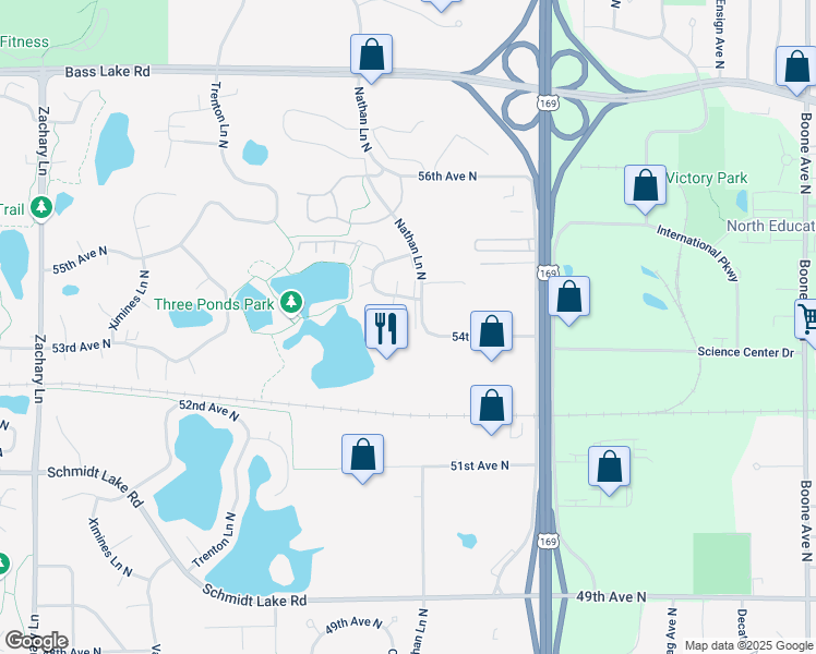 map of restaurants, bars, coffee shops, grocery stores, and more near 5305 Orleans Lane North in Plymouth