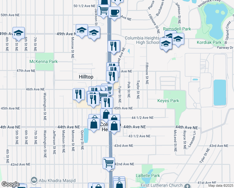 map of restaurants, bars, coffee shops, grocery stores, and more near 4529 Tyler Street Northeast in Minneapolis