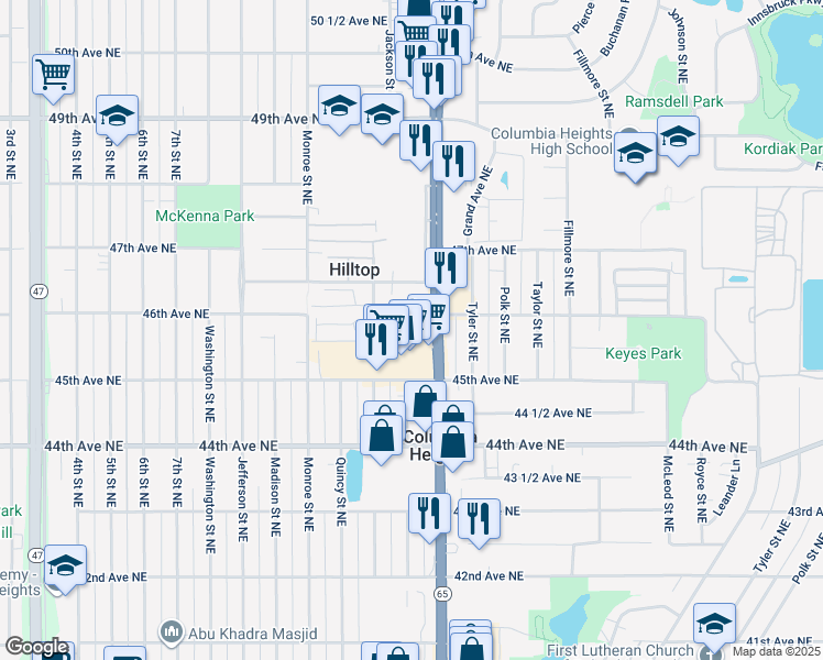 map of restaurants, bars, coffee shops, grocery stores, and more near 4550 Central Avenue Northeast in Hilltop