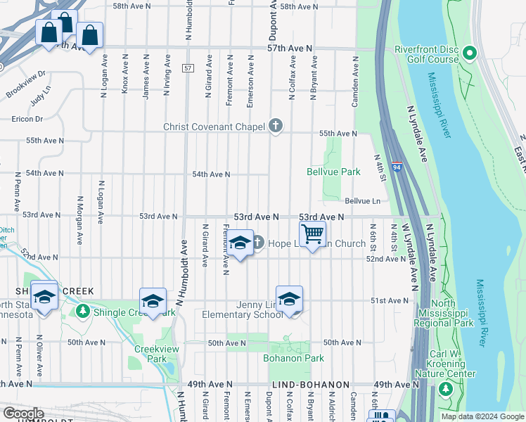 map of restaurants, bars, coffee shops, grocery stores, and more near 5254 North Dupont Avenue in Minneapolis