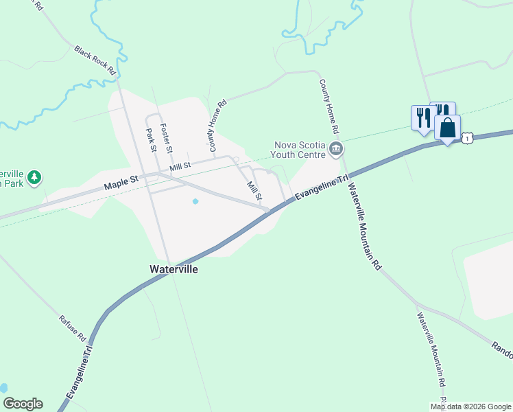 map of restaurants, bars, coffee shops, grocery stores, and more near 1224 Maple Street in Waterville