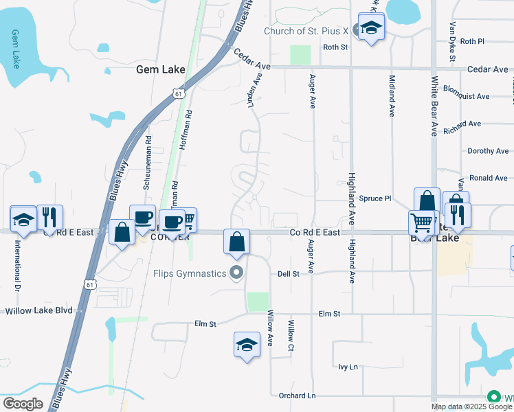map of restaurants, bars, coffee shops, grocery stores, and more near 1767 County Road E East in White Bear Lake
