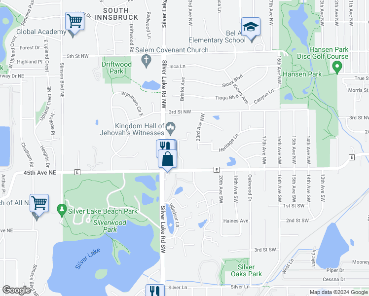 map of restaurants, bars, coffee shops, grocery stores, and more near 2190 County Road East in Saint Paul