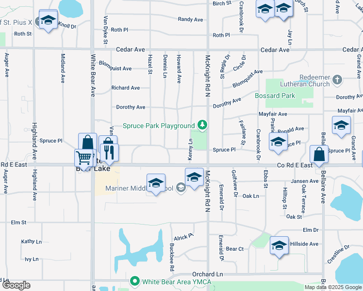 map of restaurants, bars, coffee shops, grocery stores, and more near 2202 Spruce Place in White Bear Lake