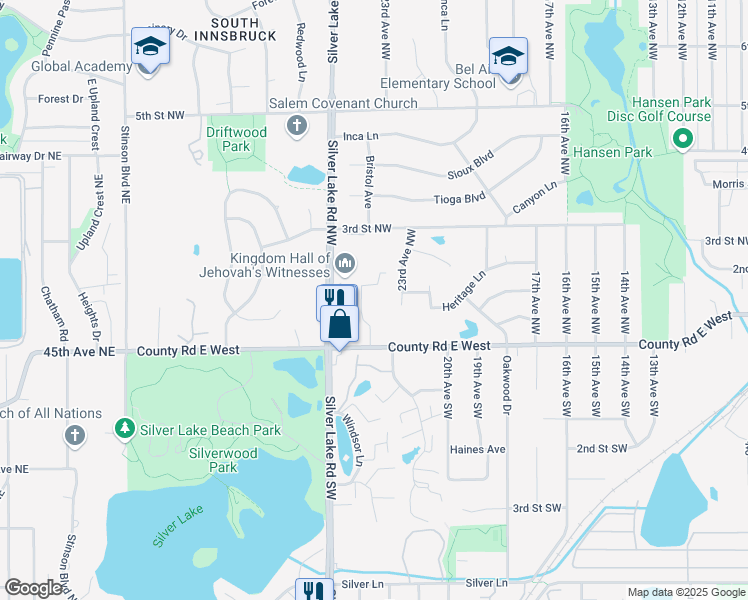 map of restaurants, bars, coffee shops, grocery stores, and more near 2190 County Road E in Saint Paul
