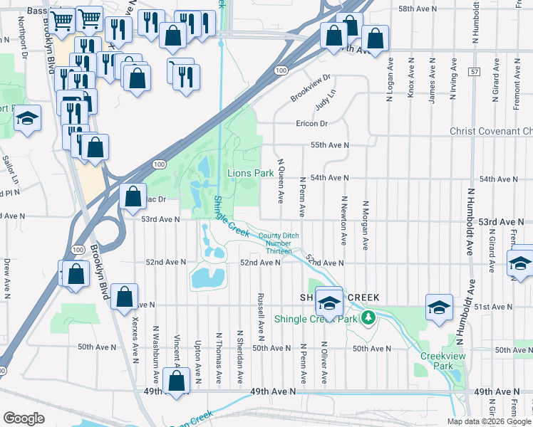 map of restaurants, bars, coffee shops, grocery stores, and more near 2317 53rd Avenue North in Minneapolis
