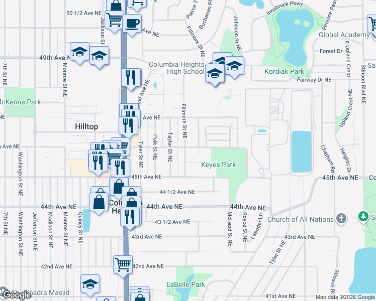map of restaurants, bars, coffee shops, grocery stores, and more near 1215 45 1/2 Avenue Northeast in Columbia Heights
