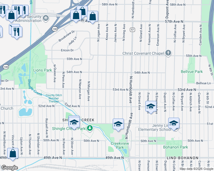 map of restaurants, bars, coffee shops, grocery stores, and more near 5259 Knox Avenue North in Minneapolis