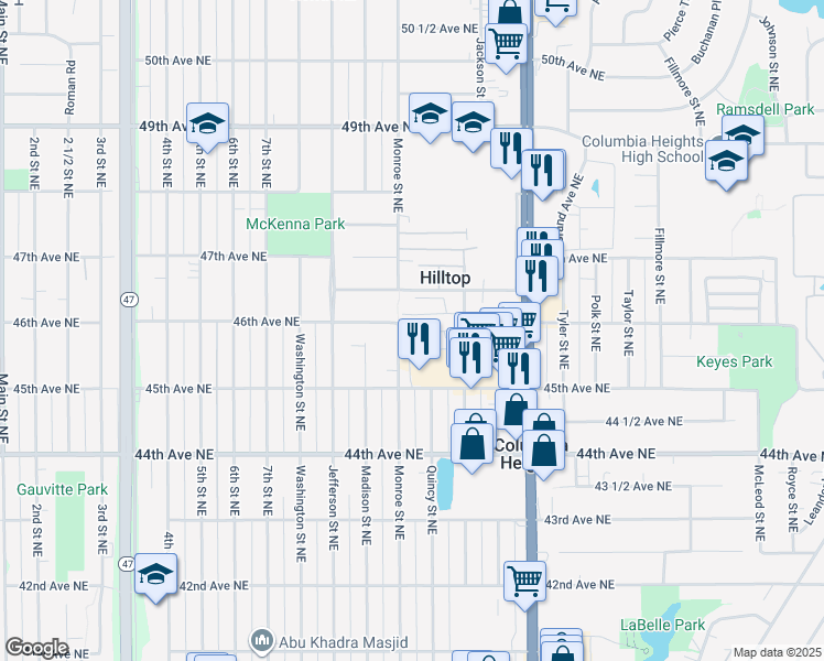 map of restaurants, bars, coffee shops, grocery stores, and more near 4550 Central Avenue Northeast in Hilltop