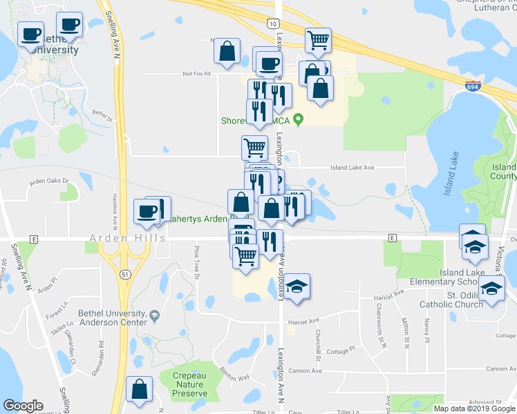 map of restaurants, bars, coffee shops, grocery stores, and more near 3673 Lexington Avenue North in Arden Hills