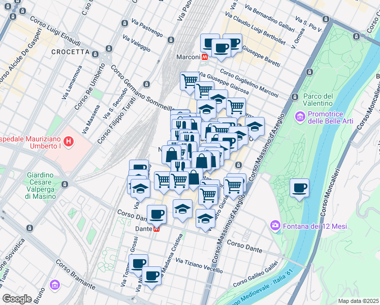 map of restaurants, bars, coffee shops, grocery stores, and more near 88 Via Saluzzo in Turin