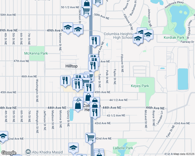 map of restaurants, bars, coffee shops, grocery stores, and more near 4556 Tyler Street Northeast in Minneapolis