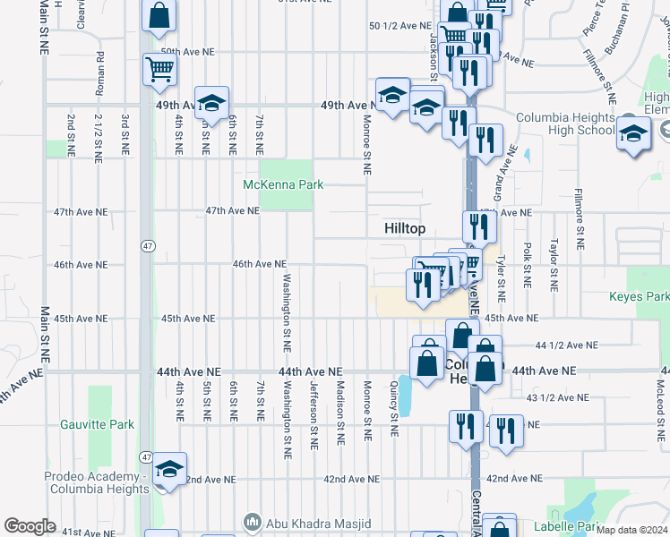 map of restaurants, bars, coffee shops, grocery stores, and more near 4531 Madison Street Northeast in Minneapolis