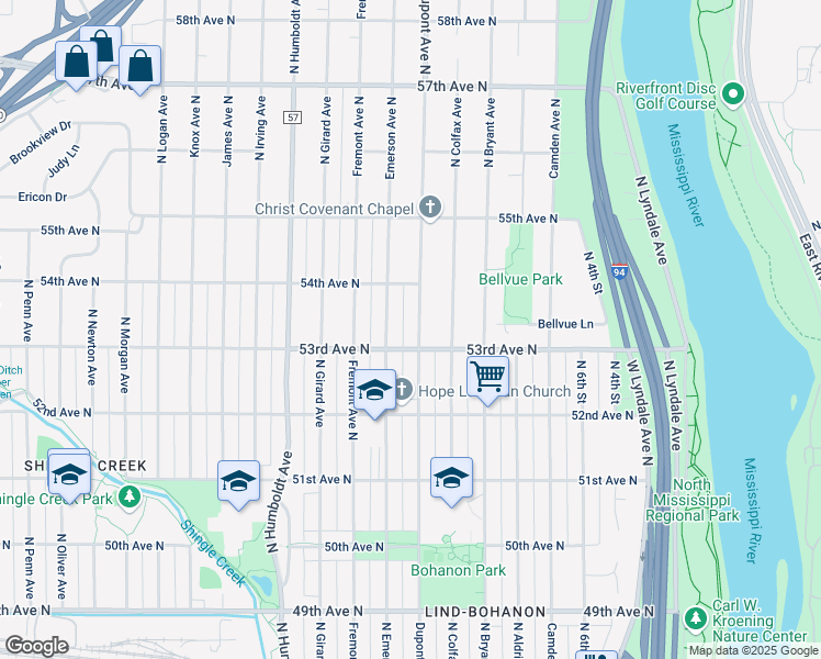 map of restaurants, bars, coffee shops, grocery stores, and more near 5254 North Dupont Avenue in Minneapolis