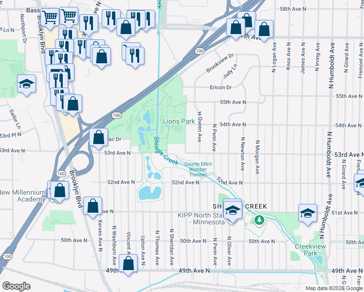 map of restaurants, bars, coffee shops, grocery stores, and more near 2317 53rd Avenue North in Minneapolis