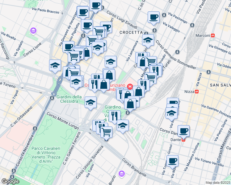 map of restaurants, bars, coffee shops, grocery stores, and more near 105/3 Corso Carlo e Nello Rosselli in Torino