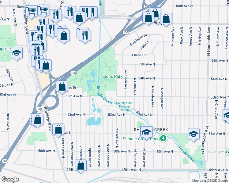 map of restaurants, bars, coffee shops, grocery stores, and more near 2317 53rd Avenue North in Minneapolis