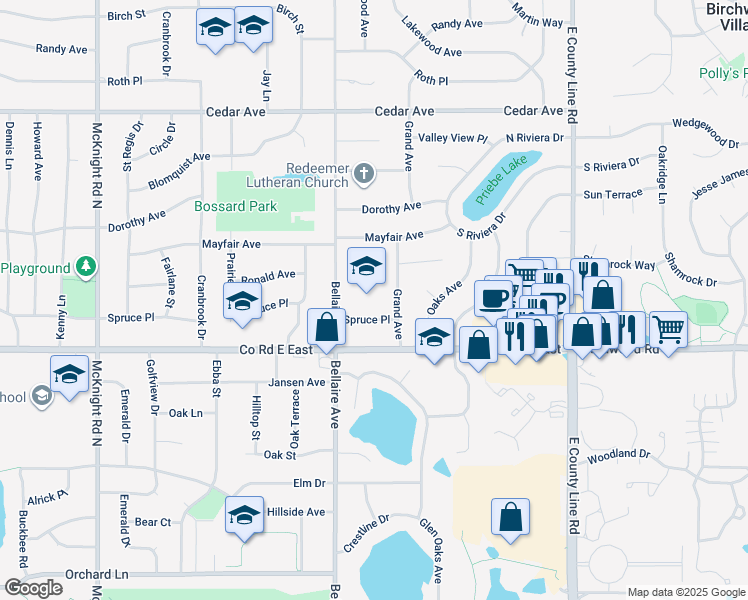 map of restaurants, bars, coffee shops, grocery stores, and more near 2530 Spruce Place in White Bear Lake