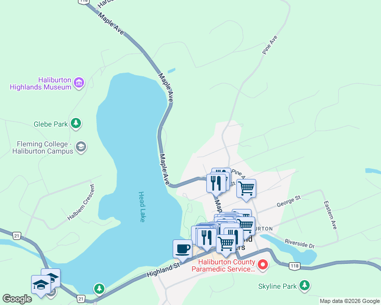 map of restaurants, bars, coffee shops, grocery stores, and more near 119 Pine Avenue in Haliburton