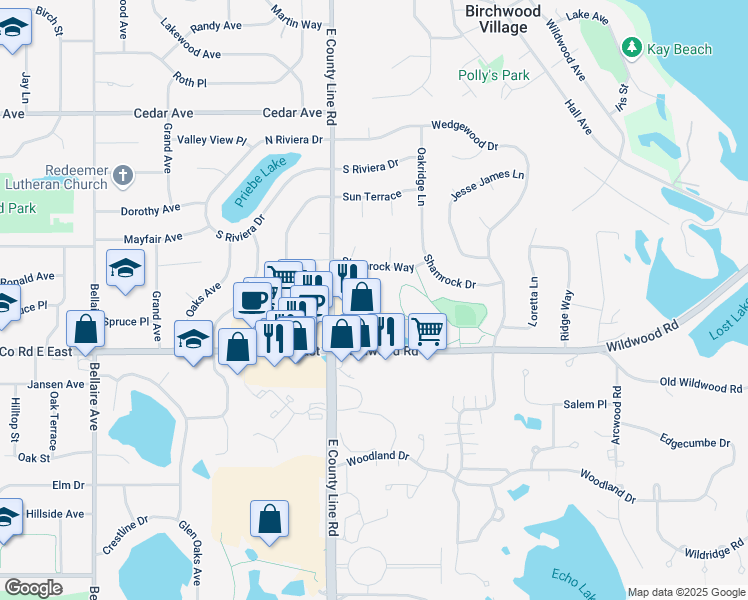 map of restaurants, bars, coffee shops, grocery stores, and more near 3666 East County Line North in White Bear Lake