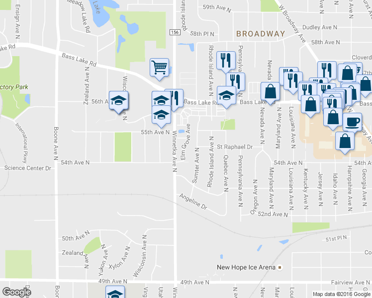 map of restaurants, bars, coffee shops, grocery stores, and more near 7821 Elm Grove Lane in Minneapolis