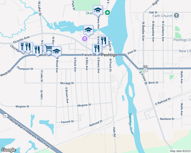 map of restaurants, bars, coffee shops, grocery stores, and more near 201 South Emery Avenue in Peshtigo