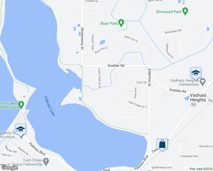 map of restaurants, bars, coffee shops, grocery stores, and more near 428 Oak Creek Circle in Vadnais Heights