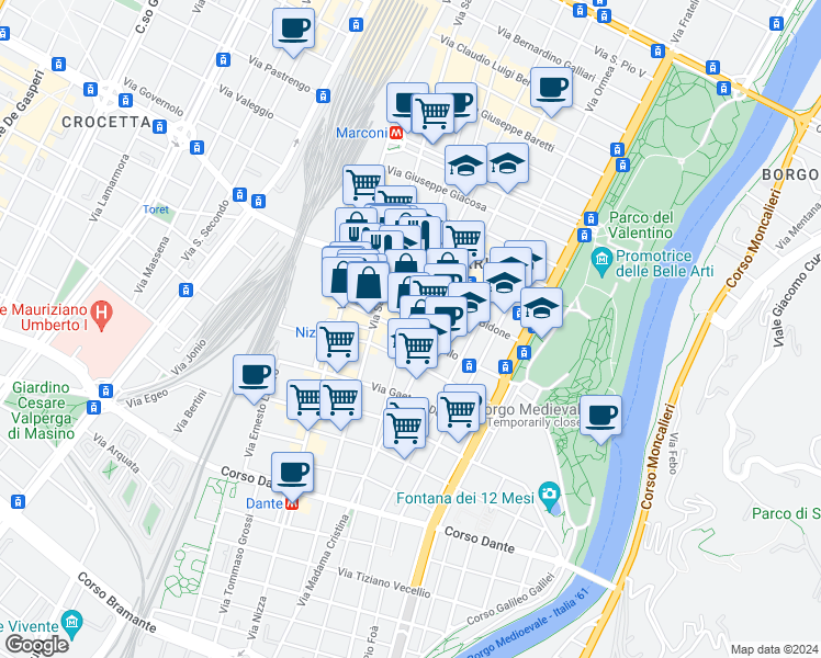 map of restaurants, bars, coffee shops, grocery stores, and more near 59 Via Saluzzo in Torino