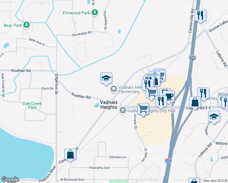 map of restaurants, bars, coffee shops, grocery stores, and more near 3645 Centerville Road in Vadnais Heights