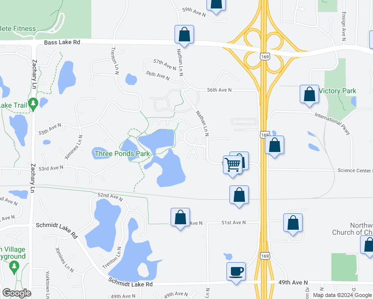 map of restaurants, bars, coffee shops, grocery stores, and more near 5425 Orleans Lane North in Plymouth