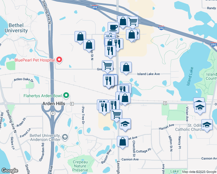 map of restaurants, bars, coffee shops, grocery stores, and more near 3673 Lexington Avenue North in Arden Hills