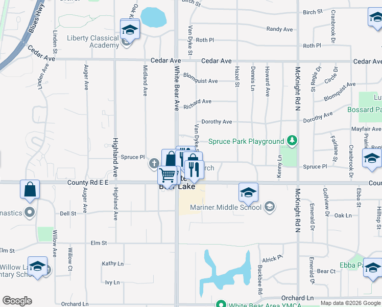 map of restaurants, bars, coffee shops, grocery stores, and more near 3668 Van Dyke Street in White Bear Lake
