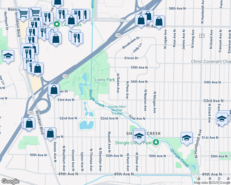 map of restaurants, bars, coffee shops, grocery stores, and more near 5340 North Queen Avenue in Brooklyn Center